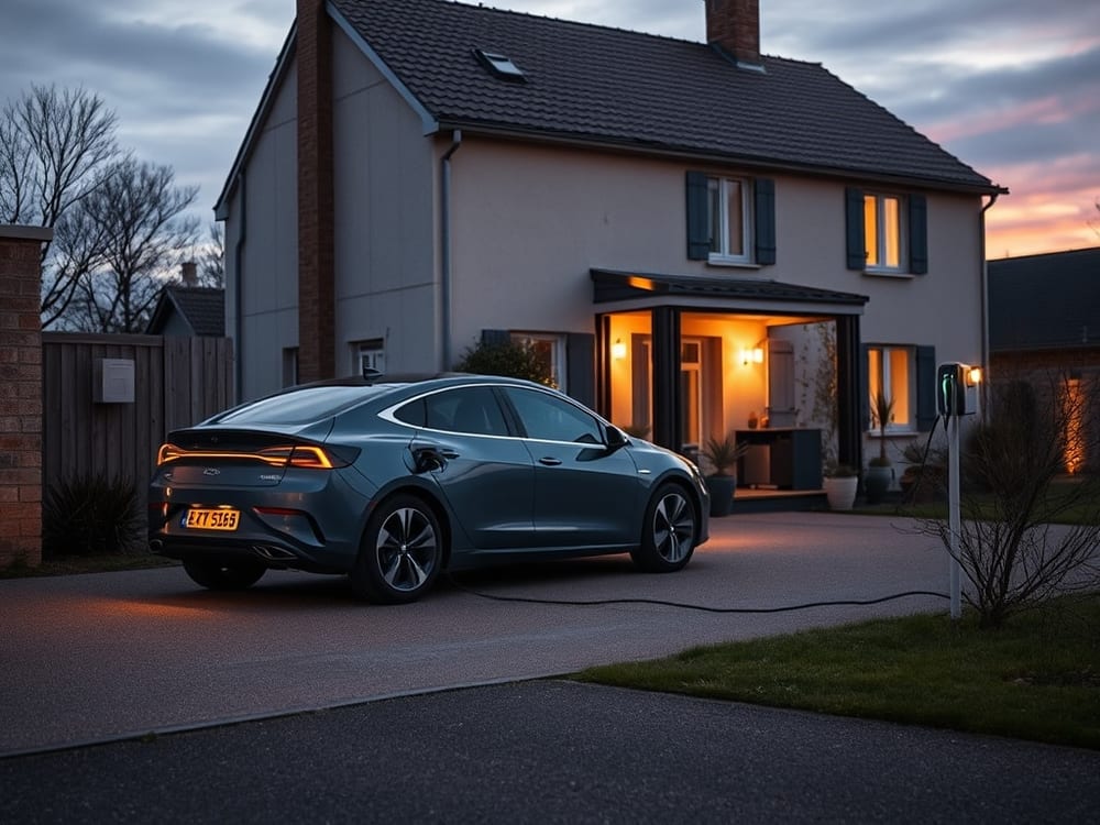 Voiture électrique en recharge sur une borne installée à domicile