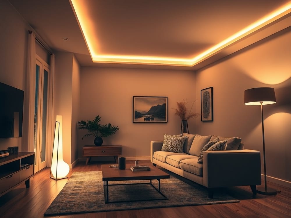 Salon avec éclairage LED d'ambiance posé par un électricien
