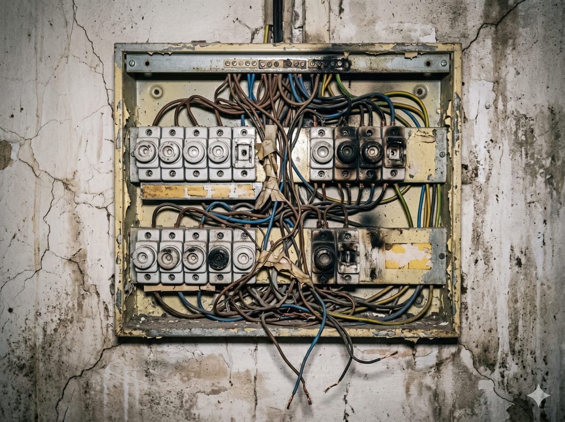 Ancien tableau électrique vétuste avant remise aux normes