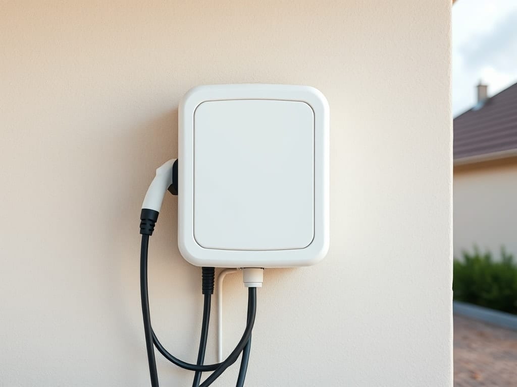 Borne de recharge pour véhicule électrique installée sur un mur de garage